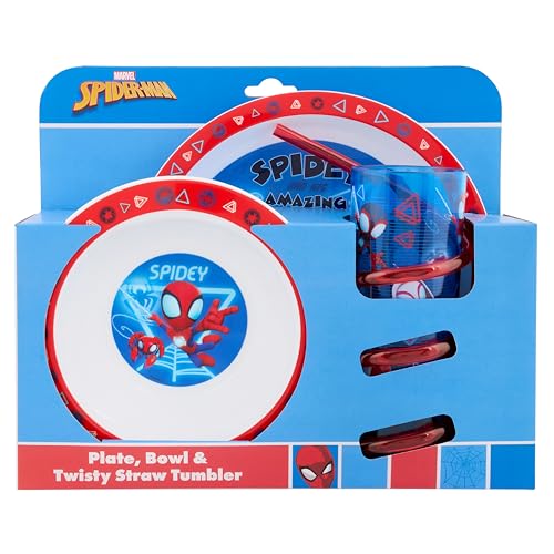 Marvel Spidey and Friends Glow - Juego de vajilla de 3 piezas, incluye plato, cuenco y vaso de paja retorcido con Spidey, Trace-E, Ghost y Miles Morales