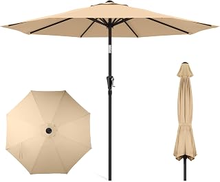 HOMSHADE 9ft Patio Umbrella UPF50+ UV Protection Crank Tilt 8 Sturdy Ribs Beige Outdoor Pool Deck Market Table Shade No Base