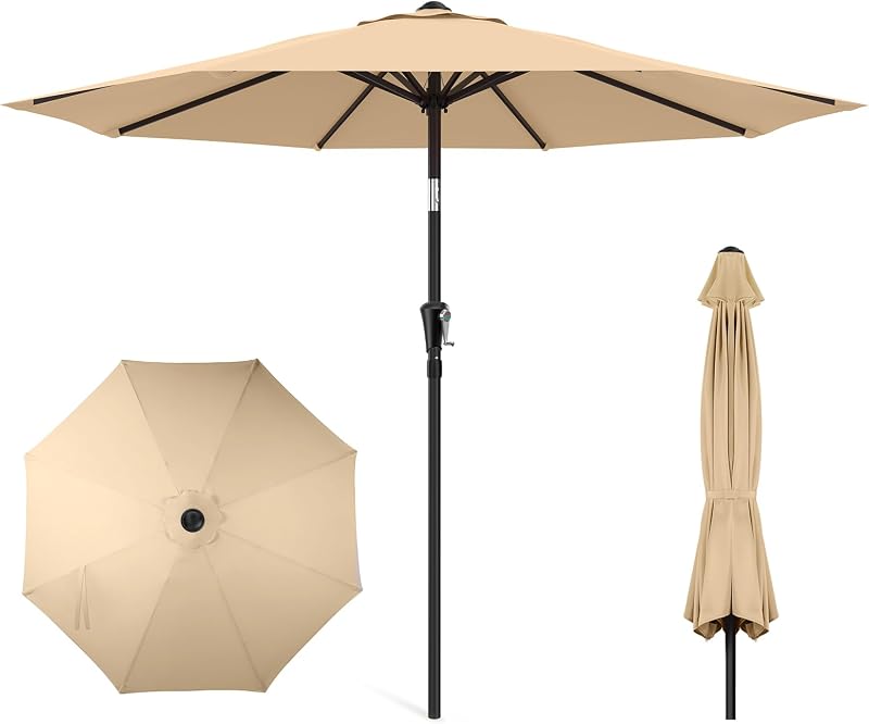 9FT Outdoor Patio Umbrella, Table Pool Umbrella, Beige, No base | Market Deck Umbrella with 220GSM Fabric, UPF50+ UV Protection, 3-Year Fade-Resistant, Push Button Tilt, Crank, 8 Sturdy Ribs