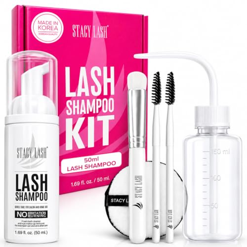 STACY LASH Lash Shampoo 50ml Kit Korean Makeup Remover with Eye Lash Spoolies &amp; Rinse Bottle &amp; Cleansing Pad &amp; Brush for Eyelash Extensions &amp; Clusters &amp; Natural Eyelashes