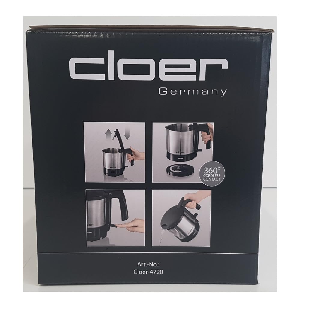 Cloer 4720 Bollitore Elettrico da 1 litro, 2000 W, indicatore del livello dell'acqua interno, protezione contro il surriscaldamento e il funzionamento a secco, nero