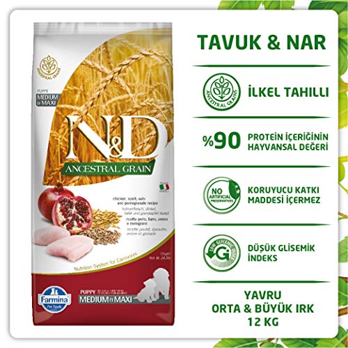 FARMINA PET FOODS N&D Ancestral Grain Dry Dog Food, Puppy Medium and Maxi Breed, 12 Kg, Chicken and Pomegranate (Pack of 1)