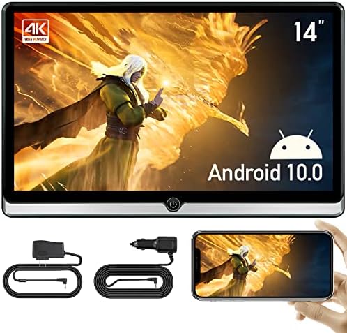 14 inch New 4K Android 10.0 Portable Car TV Headrest Monitor Tablet for back seat, Support Phone Wireless mirroring Touch Screen,with WiFi/Bluetooth/HDMI/USB/AV in/FM/Airplay Video Player 2G+32G(1*PC)