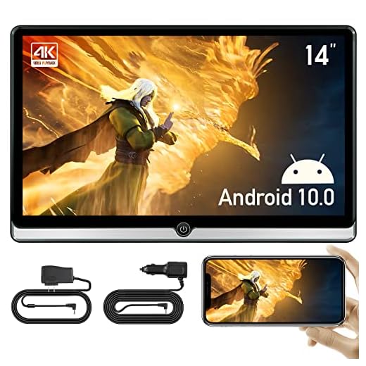 14 inch New 4K Android 10.0 Portable Car TV Headrest Monitor Tablet for back seat, Support Phone Wireless mirroring Touch Screen,with WiFi/Bluetooth/HDMI/USB/AV in/FM/Airplay Video Player 2G+32G(1*PC)