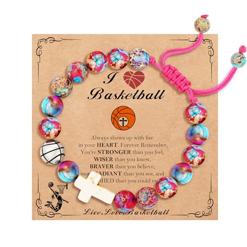 Image of Softball /Soccer /Volleyball /Basketball /Baseball /Football Sports Gifts for Girls Teens Natural Stone Beaded Cross Bracelets Christian Religious Game Day Jewelry Gift