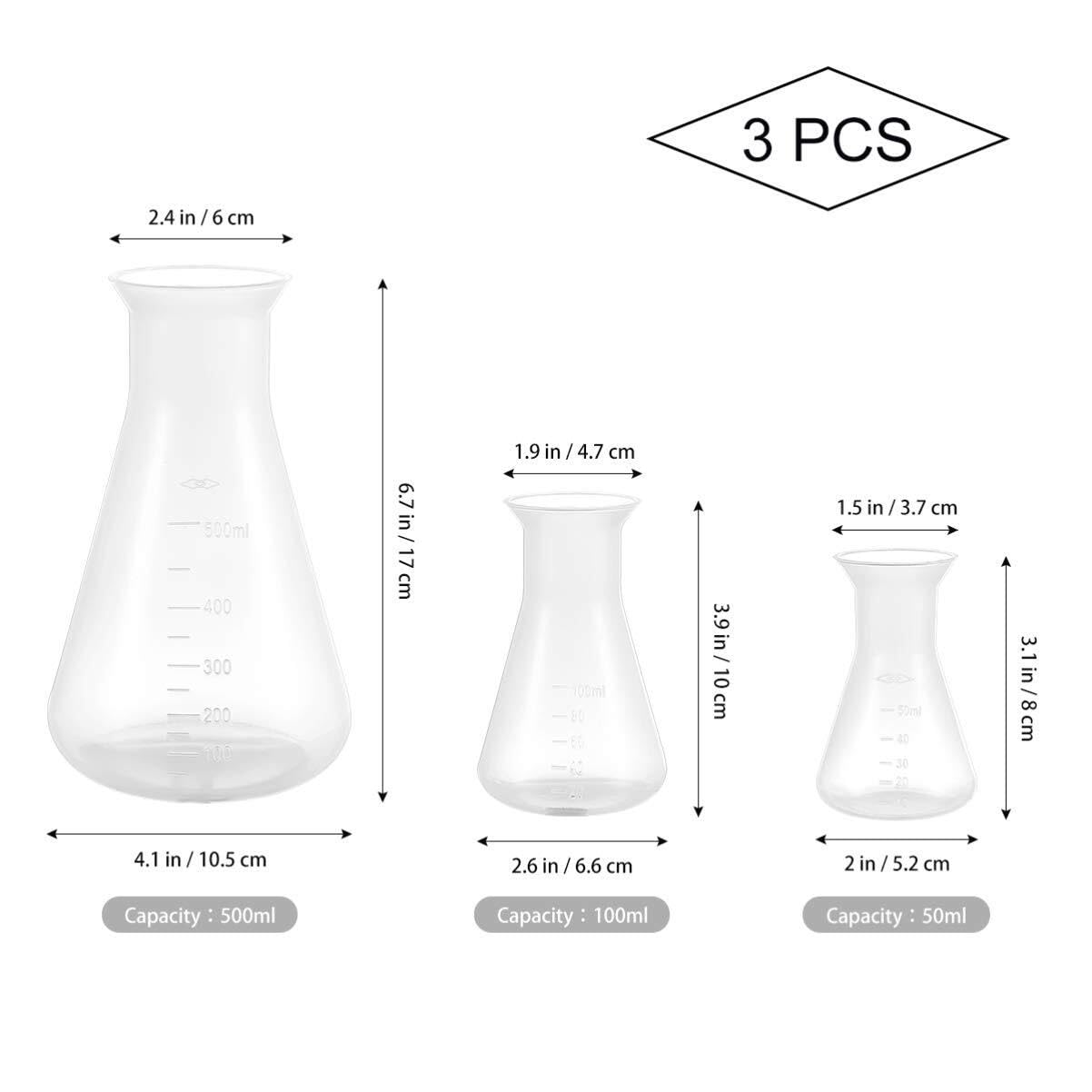 Juego de Matraces de Erlenmeyer - 3 piezas de Plástico para Laboratorio y Educación - 50ml, 100ml, 500ml
