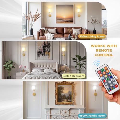 Image of DORESshop Battery Operated Wall Sconce Set of 2, Wireless Wall Light Easy to Install, 10 Color, Sconce Wall Decor Set of 2 for Bedroom, Living Room, Gold and Milky White Glass Shade, 24.3in