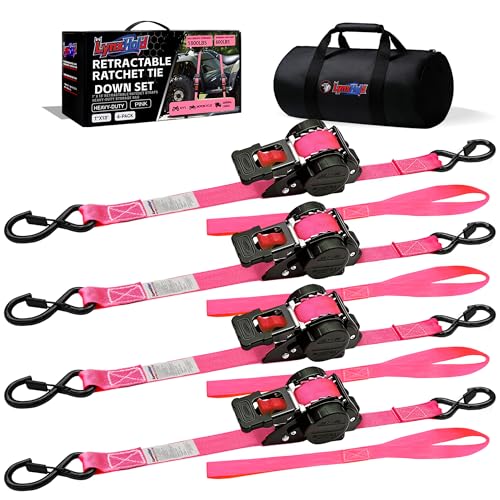 Image of Retractable Ratchet Straps 1 inch x 13Ft, Heavy Duty Self Retracting Tie Down Straps, 1800lb Break Strength Auto Retract Cargo Straps for Truck, Trailer, Motorcycle, ATV, UTV, (Pink, 4 Pack)