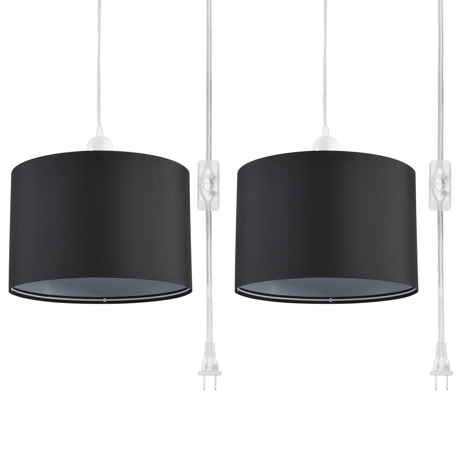 IHENGYANLT 2 Pack Plug in Pendant Light, Hanging Light with 15Ft Clear Cord, On/Off Switch, Black Fabric Lamp Shade, Hanging Light Fixture for Bedroom