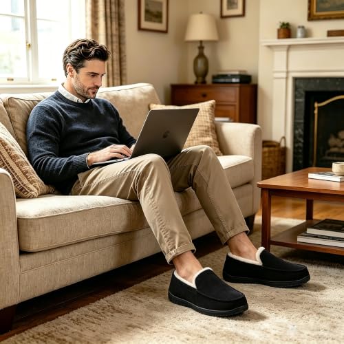 Image of Lulex Moccasins for Men House Slippers Indoor Outdoor Plush Mens Bedroom Shoes with Hard Sole