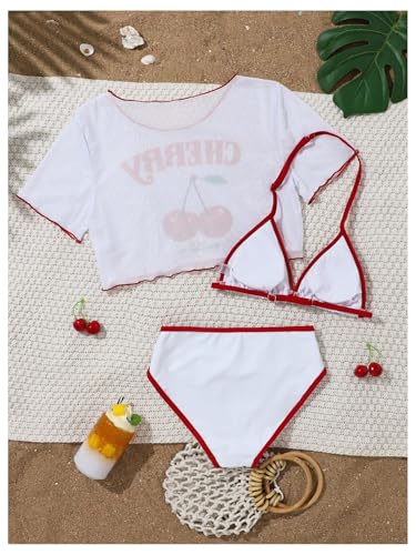Girl's 3 Piece Cute Swimsuit Cherry Print Halter Bikini Set Triangle Bathing Suit with Cover Up Tops2