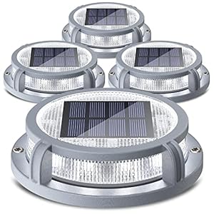 SIEDiNLAR Solar Deck Lights Outdoor 2 Modes 16 LEDs Driveway Markers Dock Light Solar Powered Waterproof for Ground Step Pathway Walkway Stair Garden Road Yard 4 Pack (Cool White/Warm White)