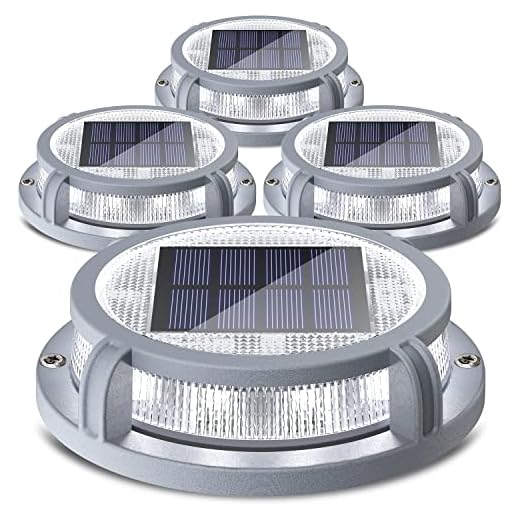 SIEDiNLAR Solar Deck Lights Outdoor 2 Modes 16 LEDs Driveway Markers Dock Light Solar Powered Waterproof for Ground Step Pathway Walkway Stair Garden Road Yard 4 Pack (Cool White/Warm White)