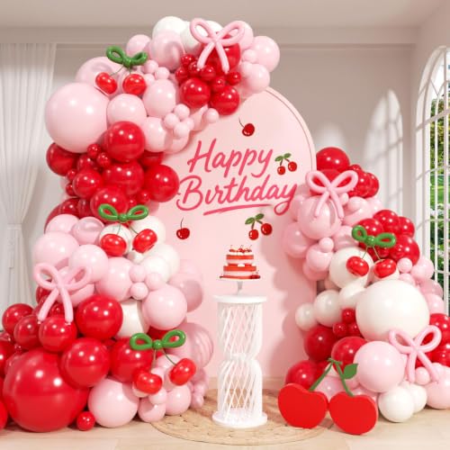 138pcs Cherry Balloon Arch Kit with White Red Pink Green Long Balloons
