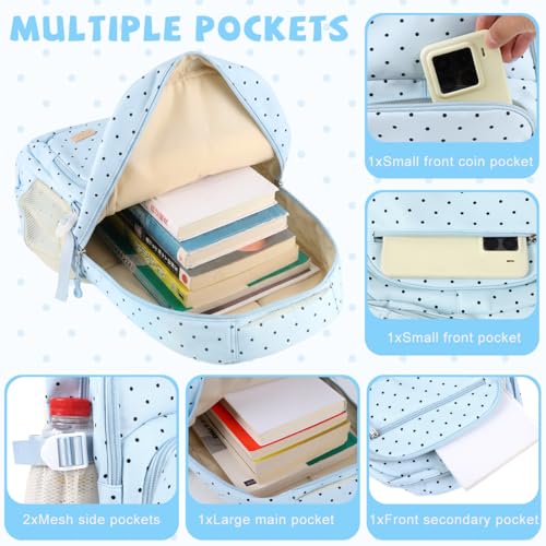 Image of PALAY School Bag for Girls Blue Polka Dot Backpack with Crossbody Bag & Pencil Pouch Large Oxford Cloth Bookbag Water-resistant Multi-compartments Daypack for Primary, Elementary, Middle School