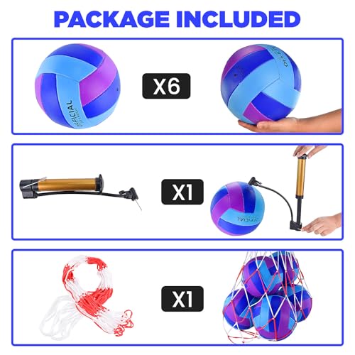 ELKCIP 6 Pack Volleyballs Official Size 5, Soft Bulk Recreational Volley Balls with Pump and Net Bag for Indoor Outdoor Beach Pool Water Sand Game Training Match for Beginner Women, Purple Blue - Thumbnail 2