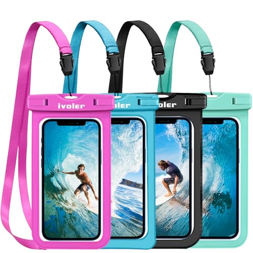 ivoler [IPX8 Certificado [4 Unidades] Funda Bolsa Móvil Impermeable Universal para Xiaomi, iPhone, Samsung Galaxy, Huawei, Smartphones, Monedas, Pasaporte, etc. (Negro/Azul/Verde/Rosa)