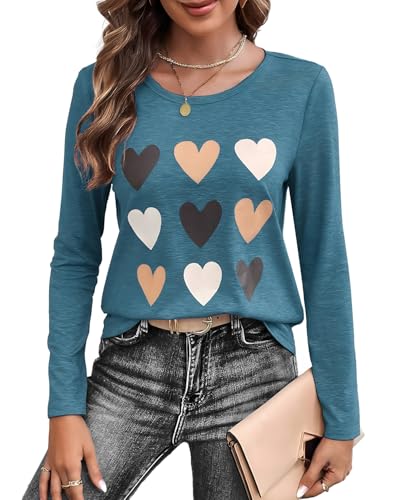 Lista de Camisetas de manga larga para Mujer , tabla con los diez mejores. 44 VIOPY Camiseta de Manga Larga Mujer con Corazones Casual Playera Mujeres Blusas de Moda Elegantes Dama Tops Cuello Redondo (Azul Verde, G)