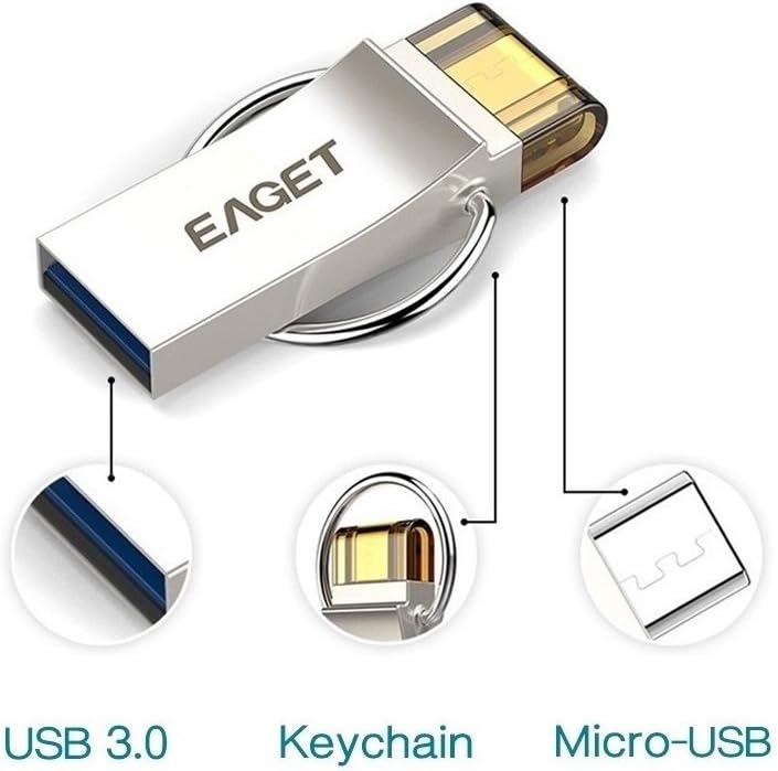 EAGET USB Flash Drive 32GB Keychain Android Thumb Drive Micro USB OTG Android Memory Stick Waterproof Shockproof V90