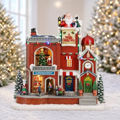 MOMENTS IN TIME Lighted Christmas Village House Supermarket and Shops Animated Holiday Scene with LED Lights Music Gift Box Ready Christmas Home Decor UL Adapter Included