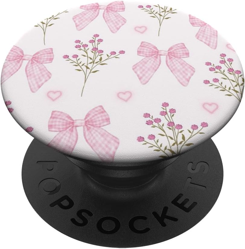 Pink Gingham Bow Floral Heart Pattern PopSockets Adhesive PopGrip
