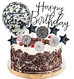 Black Happy Birthday Cake Topper Set 11 Pack Acrylic Topper Confetti Balloon Cool Stars Paper Fans Cupcake Picks Cake Decorations Supplies for Dad Man Boys Party Decorations