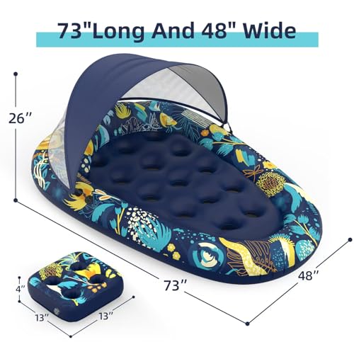 Image of Sunikko X 3-in-1 Pool Floats with Canopy Cup Holder, Tanning Pool Large 73 inch x 48 inch Float Adult Heavy Duty, Inflatable Lounger Raft Floating Chair with Backrest, Swimming Pool Lake Beach Party