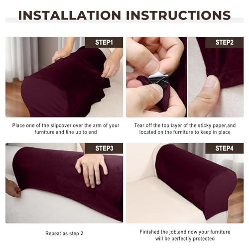 Image of Couch Arm Covers 2 Pcs Sofa Armrest Covers Stretch Couch,Armrest Cover for Chairs Scratch-Resistant Sofa Arm Cover Armchair Slipcovers,Wine