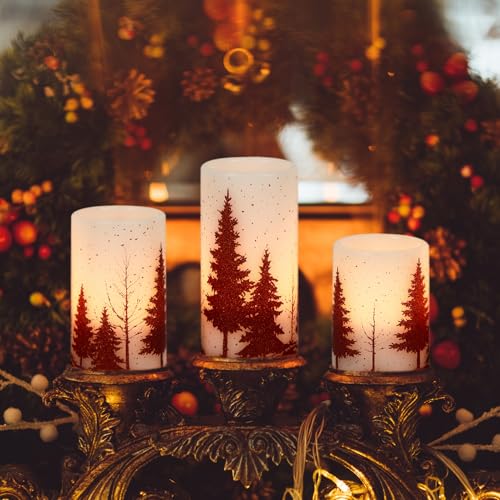 Image of Eldnacele Christmas Flickering Flameless Candles with 6 Hour Timer, Red Christmas Tree Decal Battery Operated Real Wax LED Pillar Candles Home Tabletop Holiday Decor(3Pcs,3x4 /5 /6 Inches)