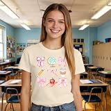 YERKOP Teacher Shirts for Women Coquette Bow Teach T-Shirt Kindergarten Teaching Life Tee Tops Cream