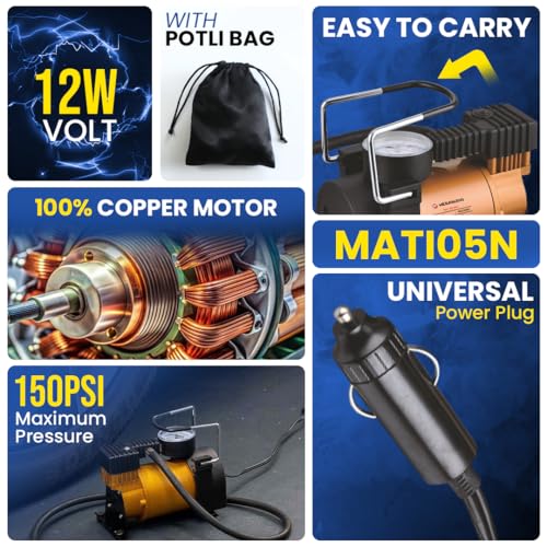 Image of MEGAAUDIO 12V DC Portable 2-In-1 Car Tyre Inflator & Air Compressor | 150 PSI Analog Pressure Gauge | 30LPM Air Flow | Durable Metal Body | 3M Power Cord & Cigarette Lighter Plug for Car,Bike & SUVs