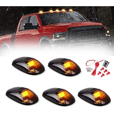 Banpo 5 X Cab Marker Light, Smoke Lens Amber LED Housing Cab Roof Running Lights, Accessories Light Sets w/Wiring Pack Compatible with 1999-2002 Dodge Ram 2500 3500 Pickup Trucks Cover