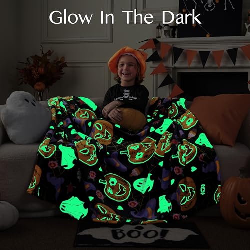 Joiedomi Halloween Blanket Soft Flannel Fleece Throw Blanket Glow in The Dark Halloween Pumpkin Ghost Bat for Kids Bed Living Room Gifts 50"×60"