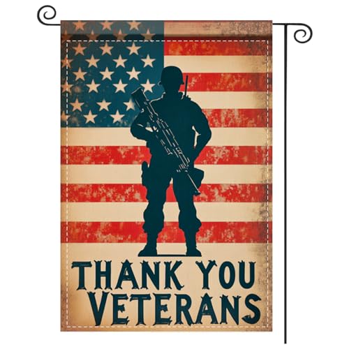 Image of Nuxovilar Thank You Veterans Garden Flag Soldier 12x18 Polyester | Patriotic Flag, Military Banner thank you veterans flag, soldier silhouette lawn, patio, porch (Soldier Salute)