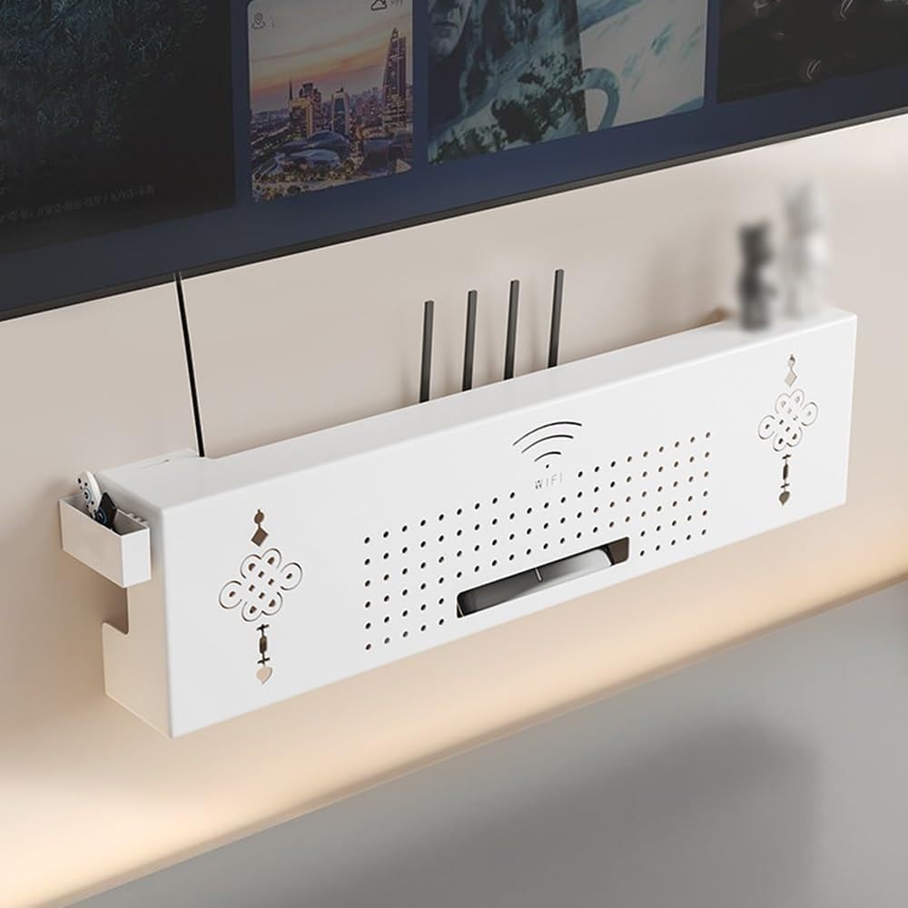 Câbles emmêlés ? Étagère projecteur et box WiFi murale pour un salon rangé