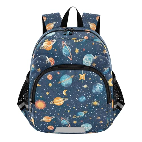 CHIFIGNO Toddler Girl Backpack with Leash, Colorful Stars Moons Planets Blue Travel Book Bag Mini Little Kid's Backpacks