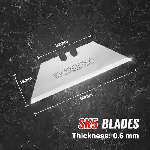 WORKPRO 50tlg. Trapezklingen Set, SK5 Scharfe Klingen Edelstahl im Spender, 0.6MM Klingenstärke, Ersatzklingen für Klappmesser Teppichmesser