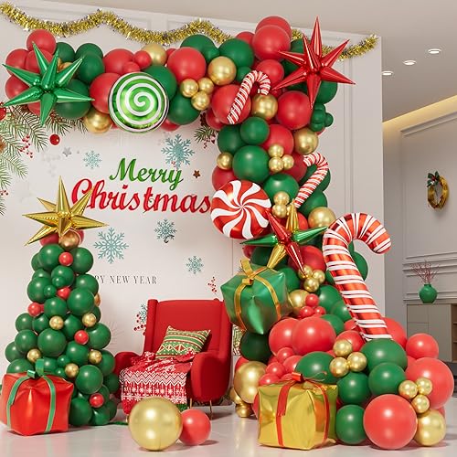 Bonropin 171Pcs Christmas Balloon Arch Kit - Holiday Red, Green, Gold Balloons, Candy Gift Box Balloons, Explosion Star Foil Balloons for Xmas Party Decor, Christmas Decorations by Bonropin - Used condition - Image 2