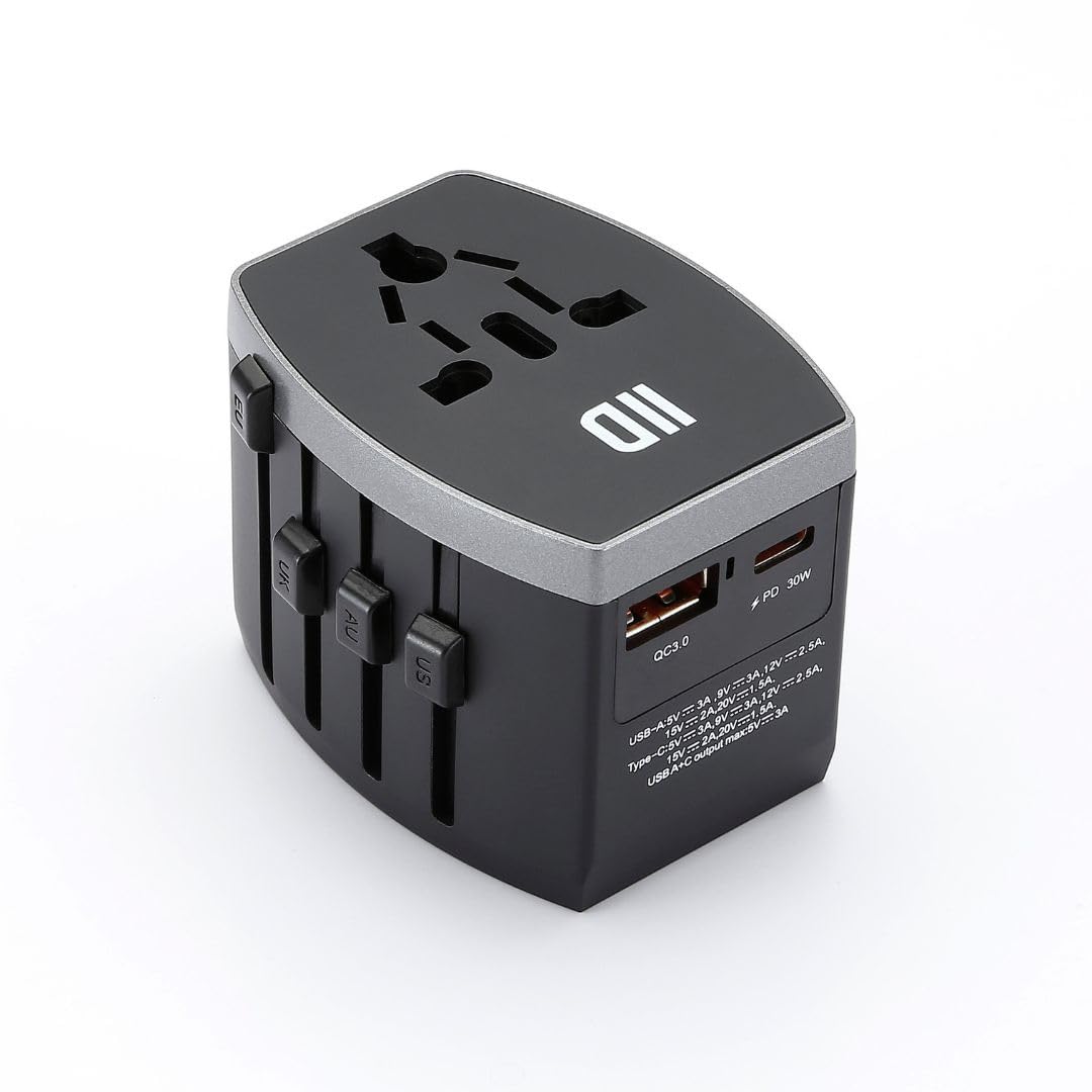 D2 Diffusion Adattatore da viaggio universale multi-paese con 1 porta USB A + 1 porta USB-C - Fast Charge 30W - Tipo di prese UK/US/AU/EU