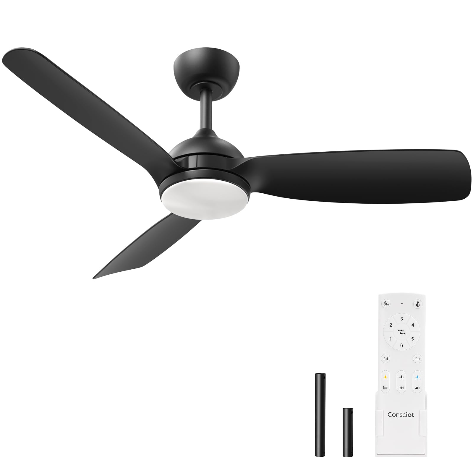 consciot ceiling fan with lights remote control, 44 inch modern ceiling fan, downrod mount, reversible quiet dc motor, 6 speed, 3 color and dimmable, black ceiling fan for indoor and covered outdoor