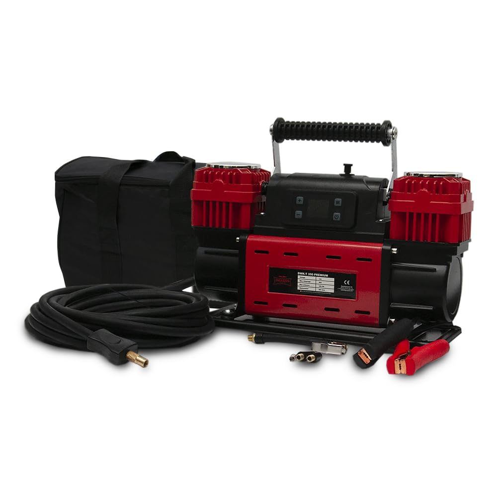 Dragon Winch Compresor de Aire 12V 150 PSI / 10,3 BAR 300 L/min | Inflador Portátil Profesional con Manómetro Digital y 3 Boquillas | Para Coche, Moto y 4x4 y Herramientas Neumáticas