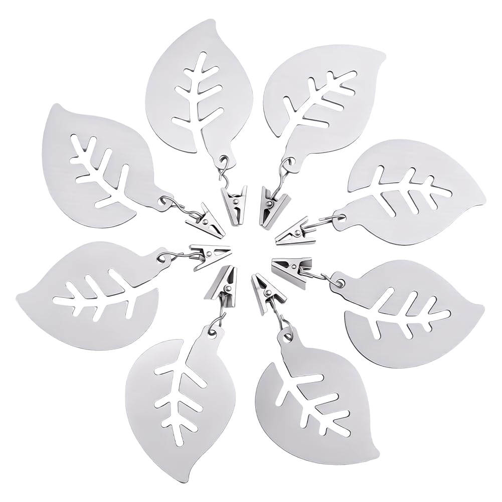 CRAFTYMELODY 8 Pack Tablecloth Weights Stainless Steel Leaf Shape Tablecloth Clip Pendant with Metal Clip for Dinner Table Outdoor Indoor Garden Family Picnic Dinner Decoration