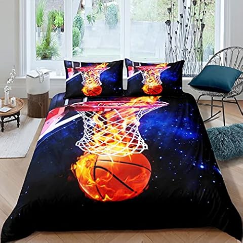 Burning Basketball Duvet Cover Set Sports Gaming Bedding Set 2pcs for Kids Boys Teens Room Decor Sports Theme Comforter Cover Galaxy Basketball Bedspread with 1 Pillowcase, Twin Size Cover