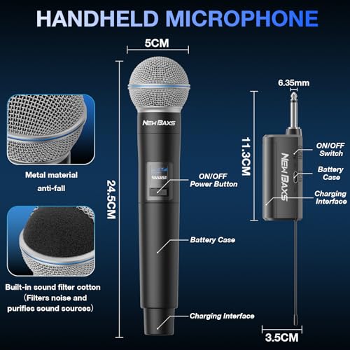 Wireless Microphone, Rechargeable Dual Cordless Handheld Dynamic Wireless Mics,NEWBAXS Karaoke Microphones with 1/4'' Output for Karaoke, Meeting, Singing, Church, Wedding - Thumbnail 7