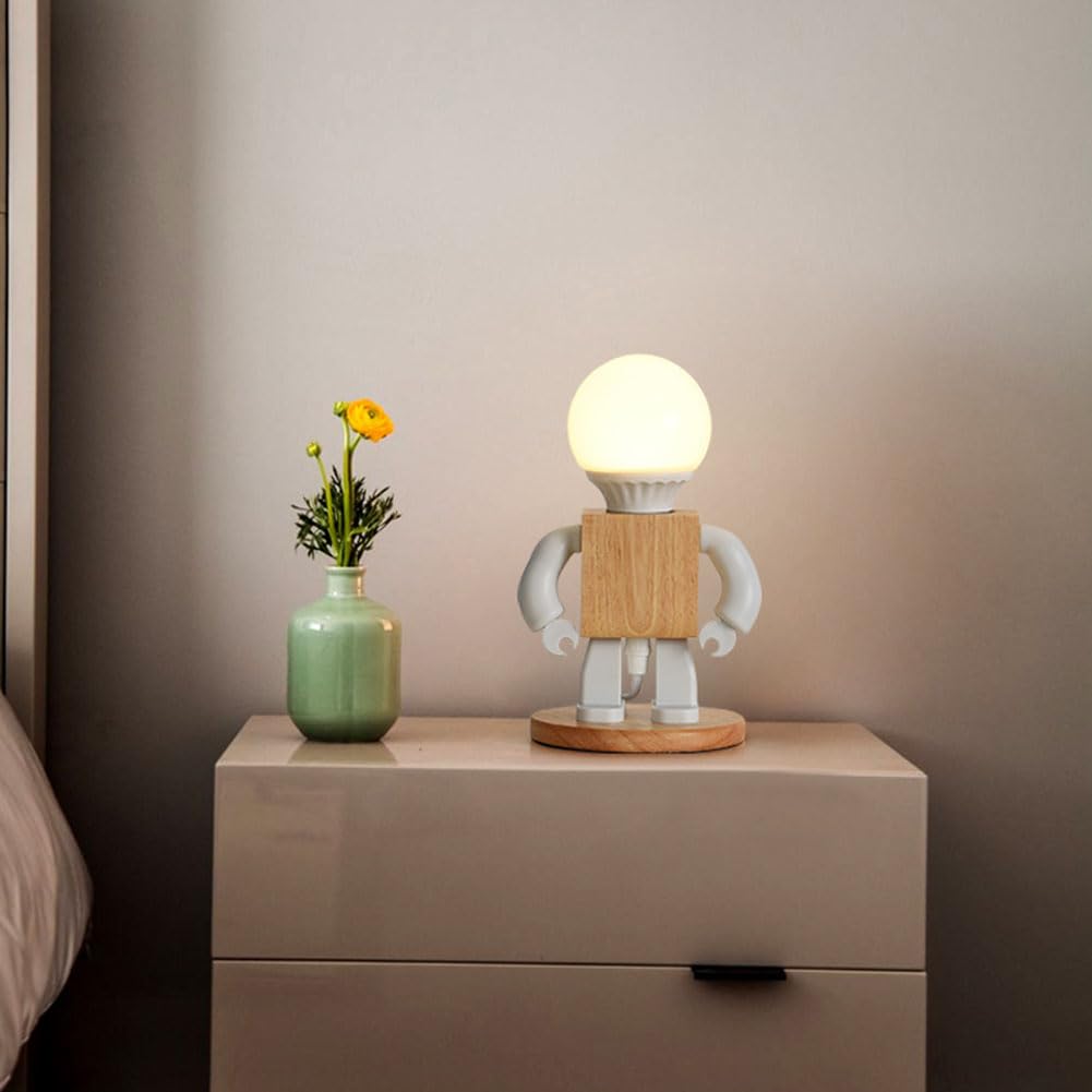 Roboter Nachttischlampe Holz Kreative Roboter Schreibtischleuchten Moderne LED Schreibtischlampe Dekorative Nachttischleuchten mit Kabel und Schalter Tischlampe für Kinder Schlafzimmer Büro