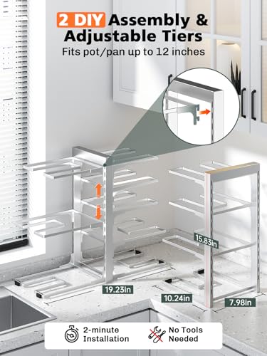 Image of MUDEELA 8-Tier Pots and Pans Organizer under Cabinet, 15.83 inch Height Heavy Duty Pot Pan Organizer Kitchen Cabinet Organization and Storage, Adjustable Pot Rack for Frying Pan, Cast Iron Skillet, Sliver