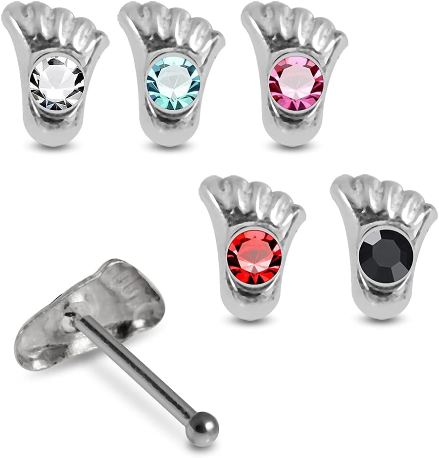 Crystal Stone Foot Design 22 Gauge 925 Sterling Silver Ball End Nose Pin - Nose Stud - Tiny Nose Ring - Nose Piercing Body Jewelry