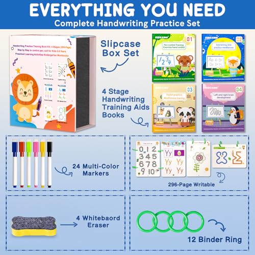 Image of Handwriting Tracing Book - Pen Control Practice Training Books Kit, 296 Reusable Pages with Dry Erase, Alphabet | Count | Draw with Dots, Preschool Learning Activities 4-Stage Workbooks