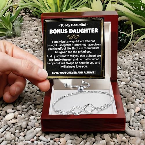 To My Bonus Daughter Bracelet, Step Daughter Infinity Heart Bracelet From Step Mom, Bonus Daughter's Jewelry Gift With Message Card And Box Meaning, Stepdaughter Bracelets Jewelry On Birthday3