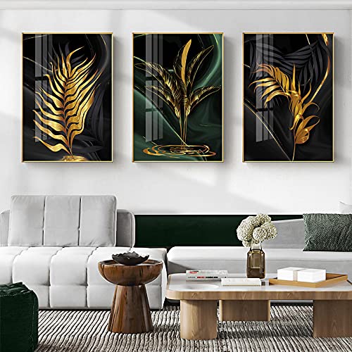 Affiche plante abstraite dorée et verte 60x90cm triptyque moderne sans cadre pour salon